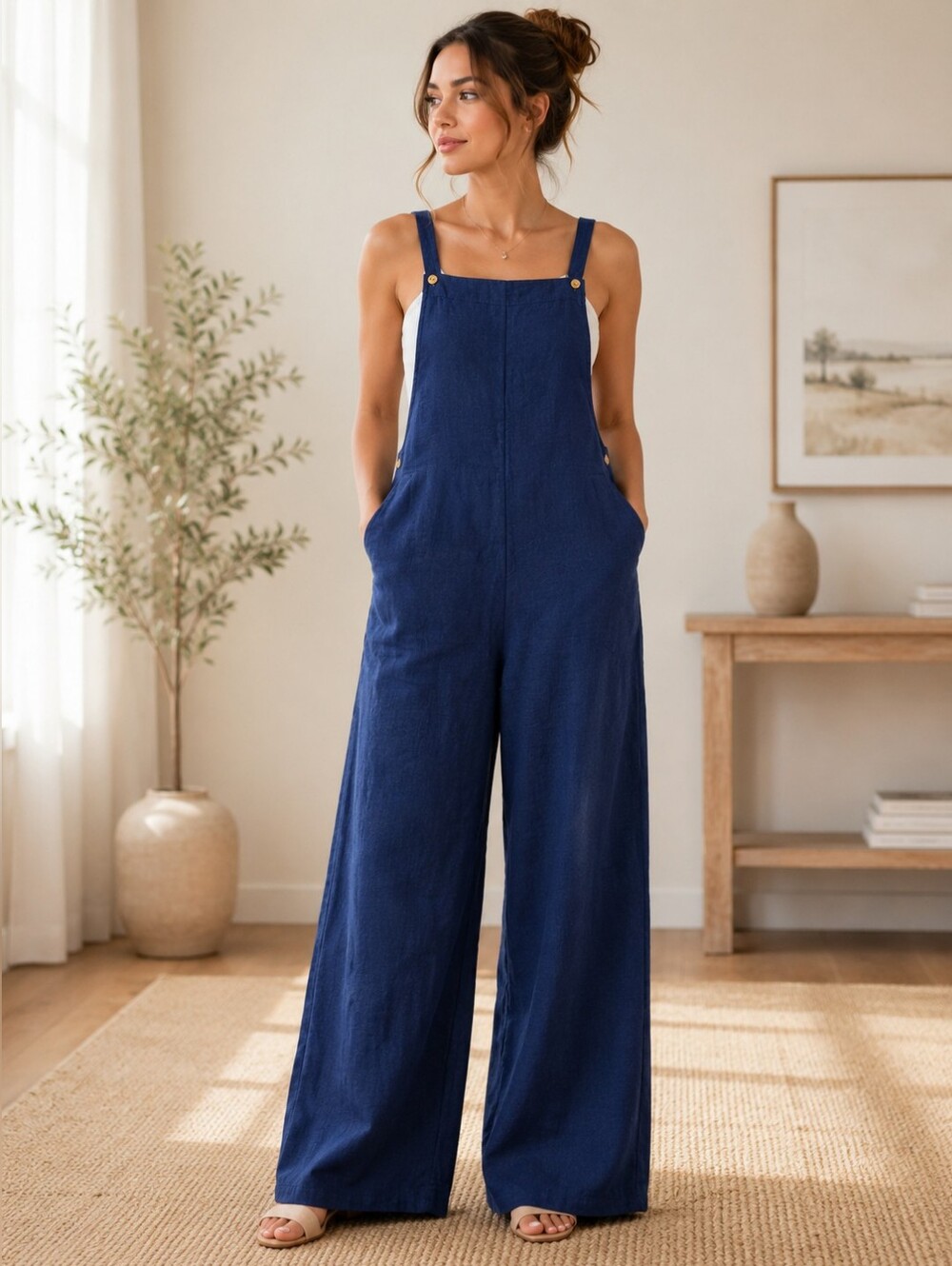 NWT Women's Navy Blue Wide Leg Overall Jumpsuit Size Small Adjustable Strap Romp